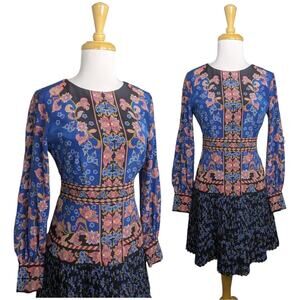 Saloni Vera Mini Dress Sea Stems 4 Floral Pleated Skirt Long Sleeve NEW